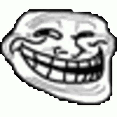 a black and white drawing of a troll face with a big smile