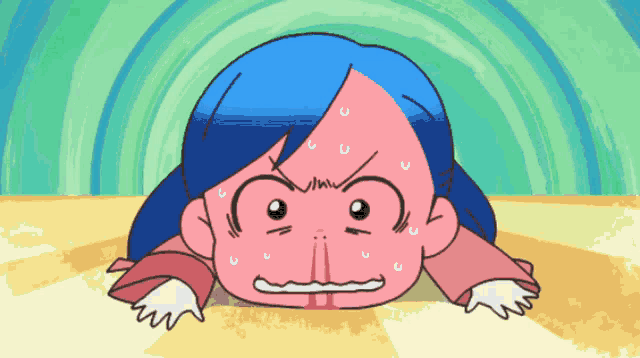 a cartoon drawing of a girl with blue hair and red face
