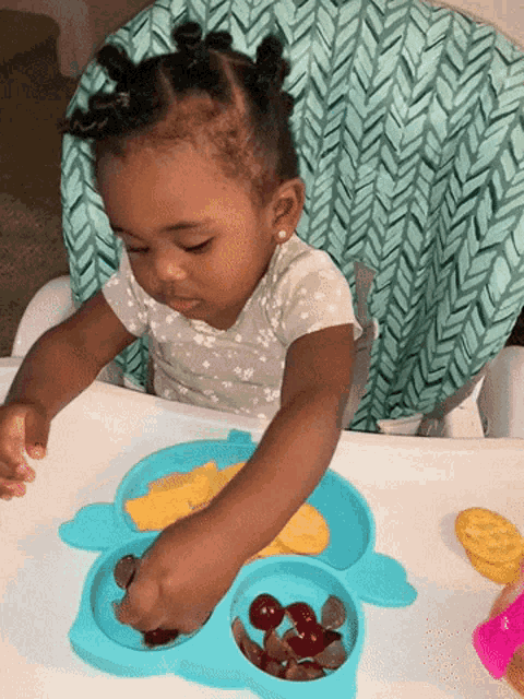 a little girl is sitting in a high chair playing with a plate of food