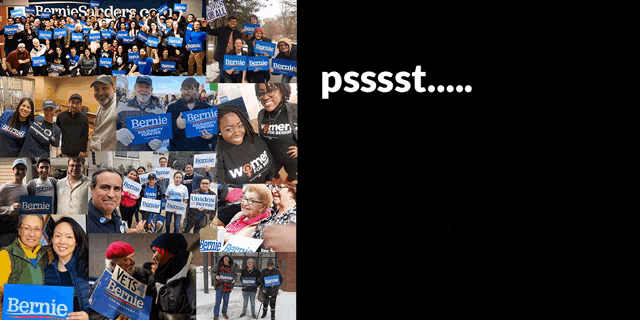 a collage of people holding bernie signs and the words psssst
