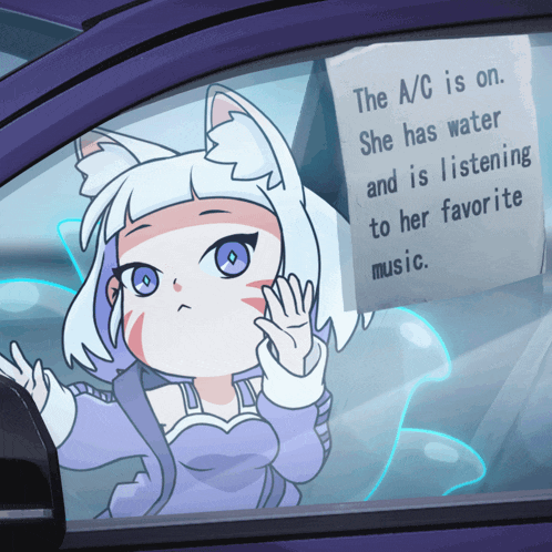 a cartoon of a girl in a car with a sign that says " the a/c is on "