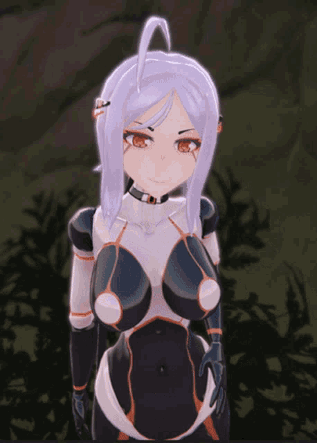 a cartoon character with purple hair and a n on her head