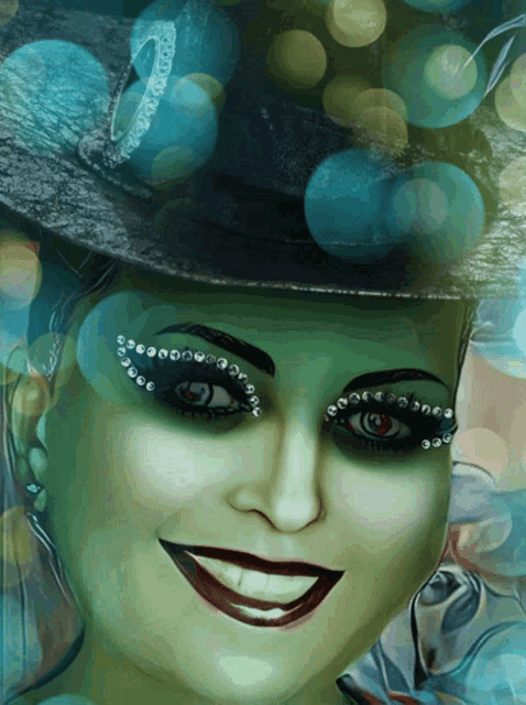 a woman wearing a top hat with rhinestones on her eyelashes