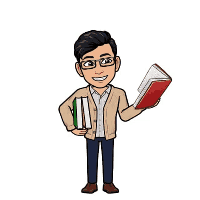 a cartoon man is holding a book in his hand and smiling .