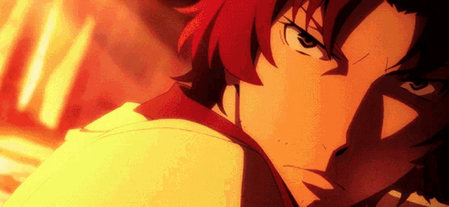 a close up of a person 's face with red hair and a yellow background