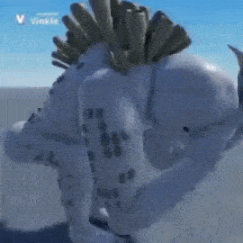 a 3d model of a stegosaurus with a mohawk is standing on a gray surface .