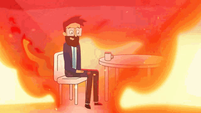 a cartoon of a man with a beard sitting at a table with a cup of coffee