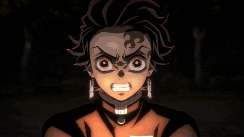 a close up of a demon slayer character with a fire coming out of his mouth