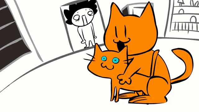 a black and white drawing of a cat holding another cat