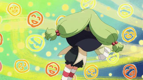 a girl with green hair is surrounded by smiley faces and circles that say cd
