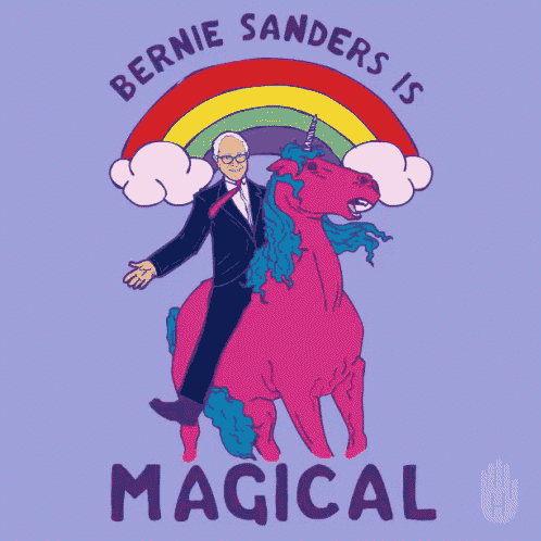 a cartoon of bernie sanders riding a unicorn with a rainbow in the background