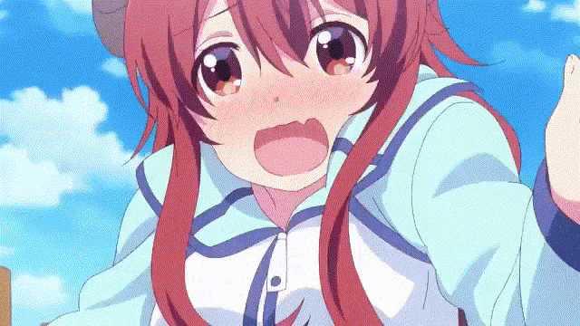 a girl with long red hair is wearing a blue and white outfit