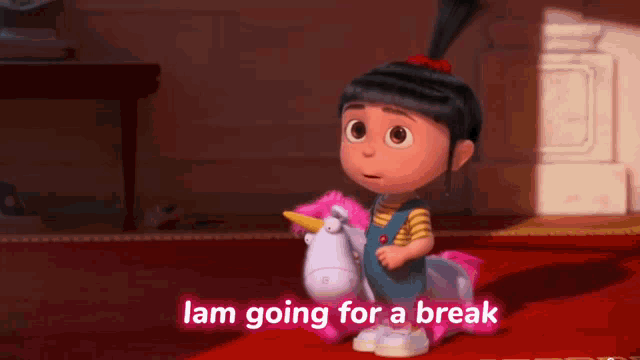 a little girl is sitting on a stuffed unicorn and says " lam going for a break "