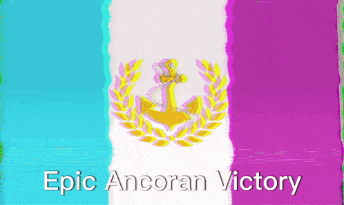 an anchor with a laurel wreath is on a colorful background with the words epic ancoran victory below it