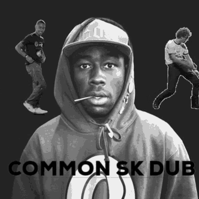 a black and white photo of a man in a hoodie with the words common sk dub