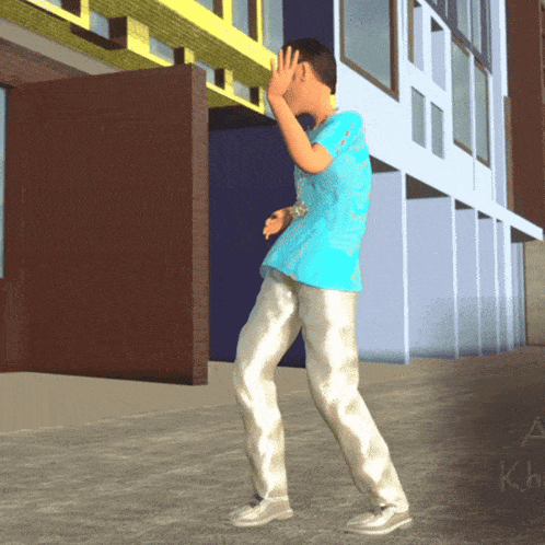 a man in a blue shirt and silver pants is covering his face