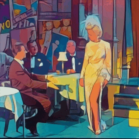 a painting of a woman in a white dress standing in front of a sign that says no smoking