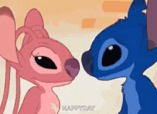 a pink angel and a blue stitch from lilo and stitch are kissing each other .