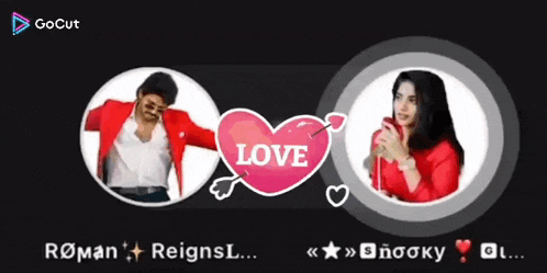 a man in a red jacket and a woman in a red dress with a heart that says love on it
