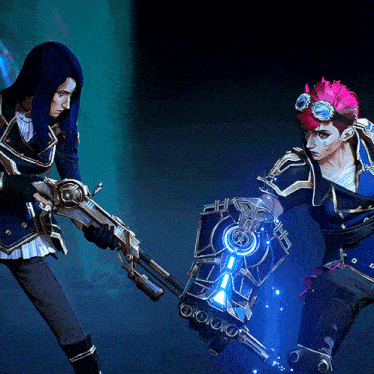 a woman with pink hair is holding a gun and a shield