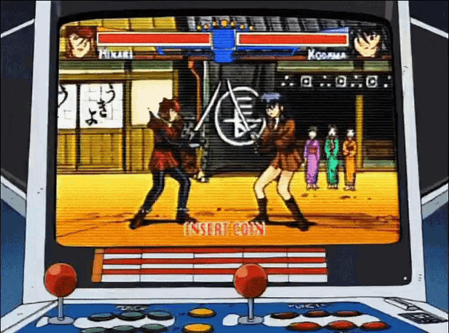 a video game screen shows two people fighting and the words insert copy