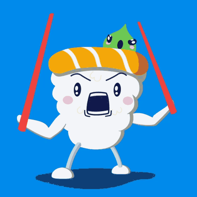 a cartoon drawing of a sushi character with chopsticks