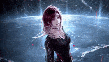 a drawing of a girl with red hair and a black dress