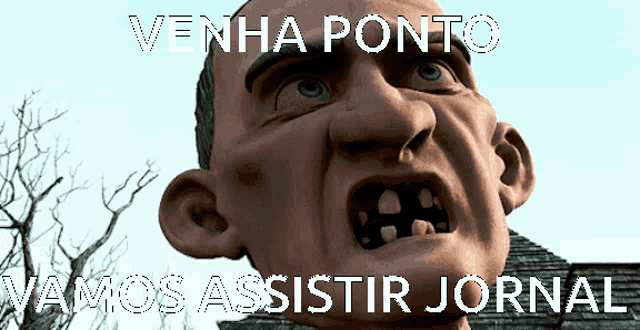 a cartoon of a man with the words venha ponto vamos assistir jornal on the bottom