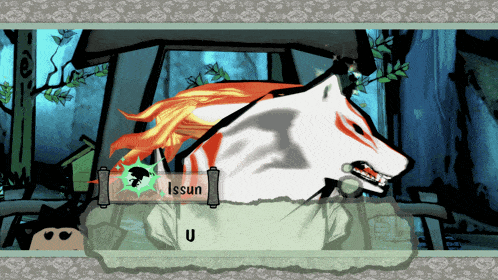 a cartoon drawing of a wolf with the name issun on the bottom