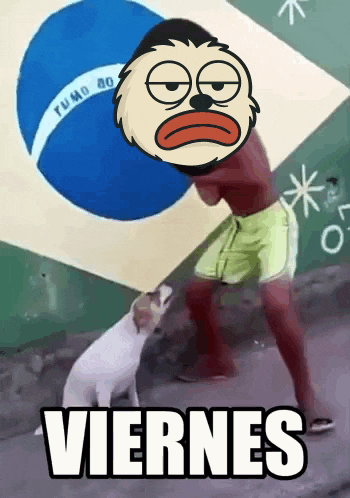 a cartoon of a man standing next to a dog with the word viernes written on the bottom