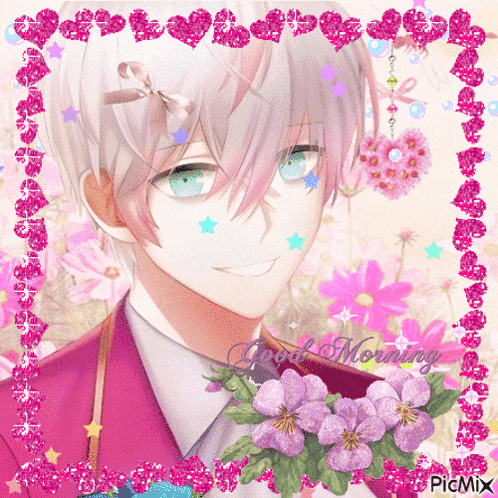 a picture of a boy with purple flowers and the words good morning on the bottom