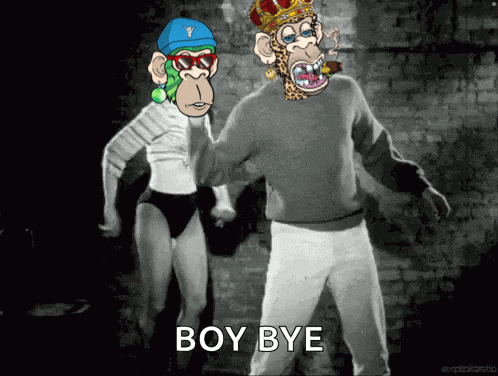 a cartoon of two monkeys standing next to each other with boy bye written on the bottom
