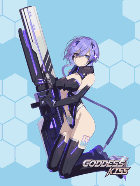 a girl with purple hair is holding a gun and the word goddess kiss is above her