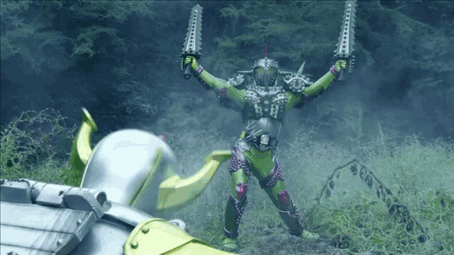 a green robot is holding a pair of swords with spikes on them