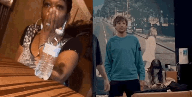 a woman is holding a bottle of water next to a man