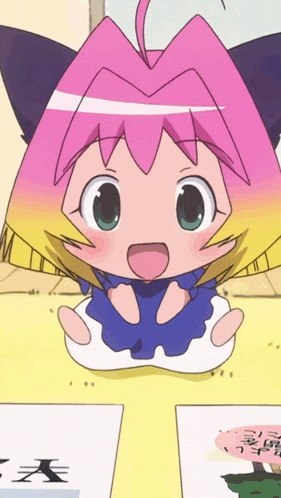 a cartoon character with a pink head and yellow ears