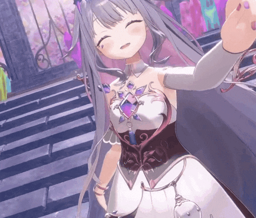 a girl in a white dress is standing on a set of stairs with her eyes closed