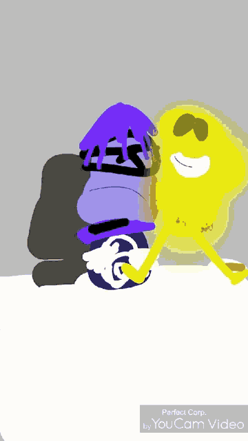 a drawing of a purple and a yellow cartoon character holding hands