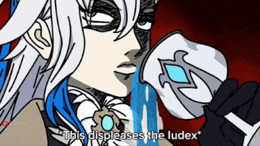 a cartoon of a woman holding a cup with the words " this displeases the ludex "
