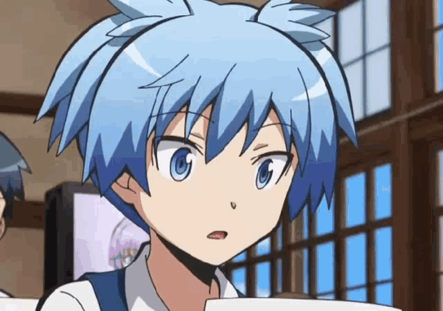 a close up of a blue haired anime character with a serious look on his face