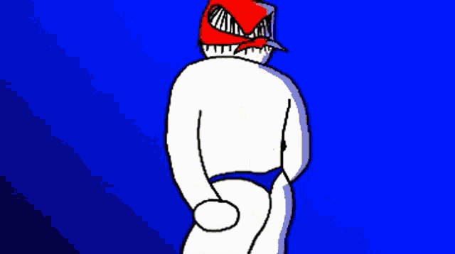 a cartoon character with a red hat on his head and a blue thong
