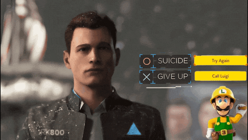 a screenshot of a video game with a man and a cartoon character