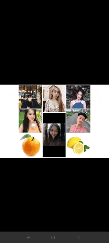 a collage of pictures of people and fruits including an orange and lemons