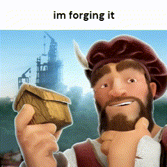 a man with a beard and hat is holding a small wooden house in his hands with the words im forging it above him
