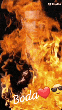 a picture of a man surrounded by flames with the word boda on it