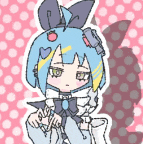 a drawing of a girl with blue hair on a pink background