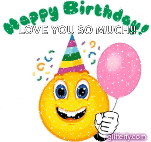 a smiley face wearing a party hat and holding a pink balloon