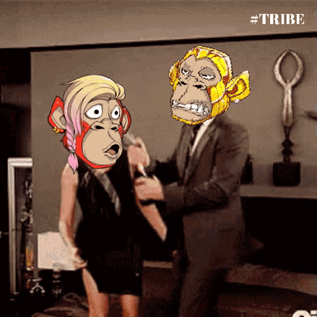 a man in a suit and tie is holding a woman in a dress with a monkey mask on her head