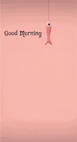 a cat is looking at a fish hanging from a string with the words good morning below it
