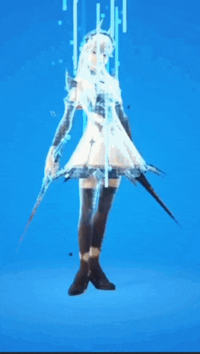 a woman in a dress is holding a sword on a blue background